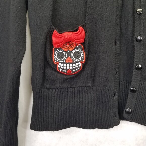 Too Fast Cardigan Womens XL Sugar Skull Bow Embroidery Button Stretch Knit Black - Picture 6 of 16